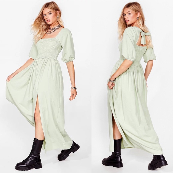 Nasty Gal Dresses & Skirts - NWT | Nasty Gal Square Neck Puff Sleeve Maxi Dress Slit Shirred Bust Mint Green